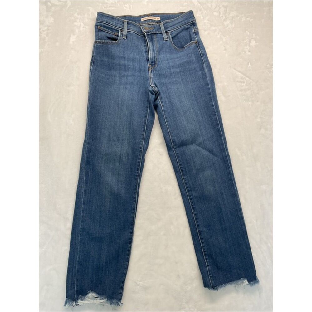 Levi's 724 High Rise Straight Crop Jeans W26 Medium Wash Blue Distressed Hem